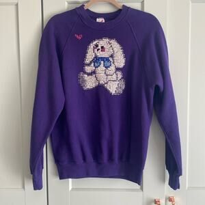 Vintage Jerzees Sequin Beaded 3D Bunny Rabbit bedazzled crew neck sweatshirt L